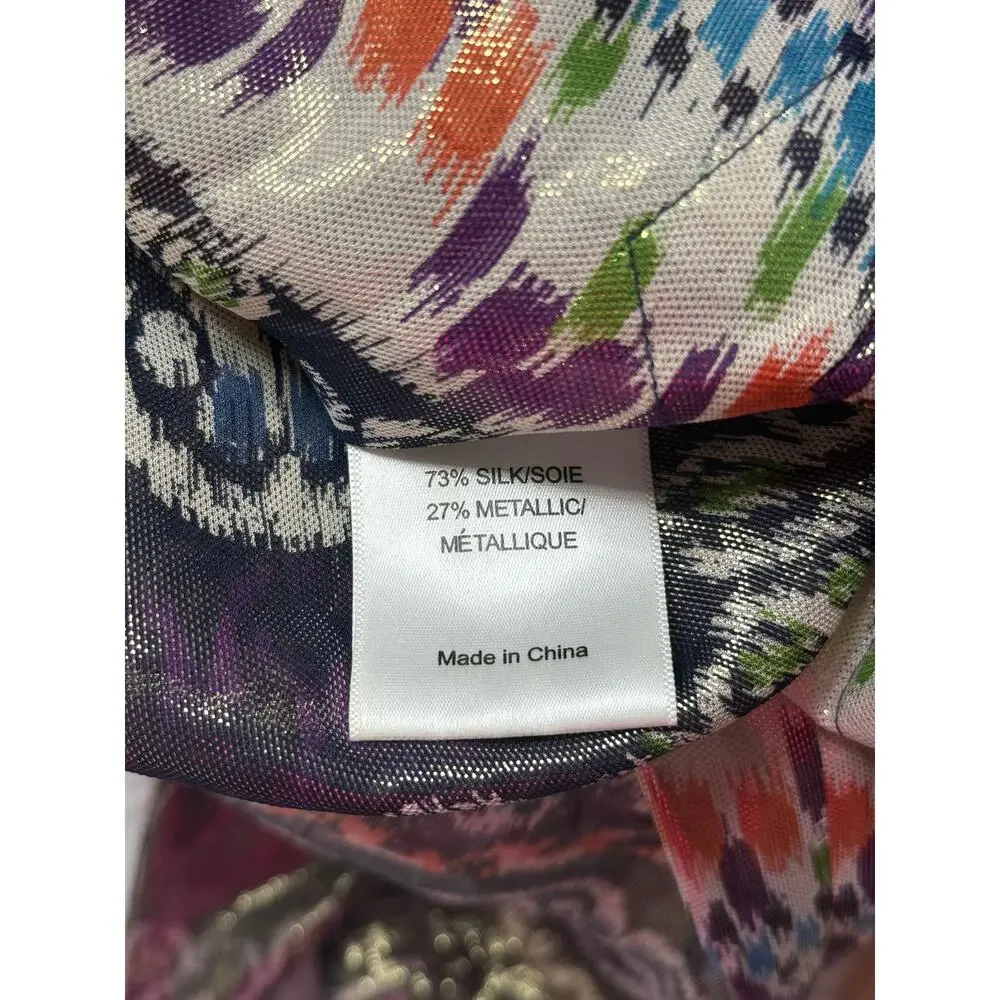 TORY BURCH purple orange green aztec print metallic silk long sleeve top blouse